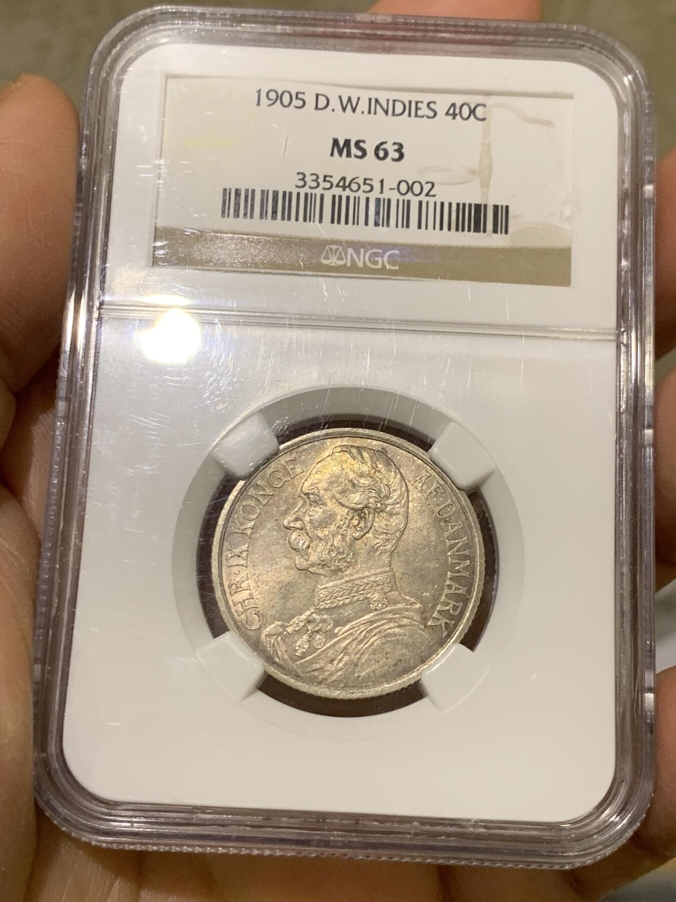 《竞宝斋》第337场 周日，周一，周二 3场连拍 （全场包邮） 殖民地名誉品 NGC MS63 丹属西印度 1905年 三女神银币 最大面值 深彩包浆 顶级品相 2021年同分成交1.8W