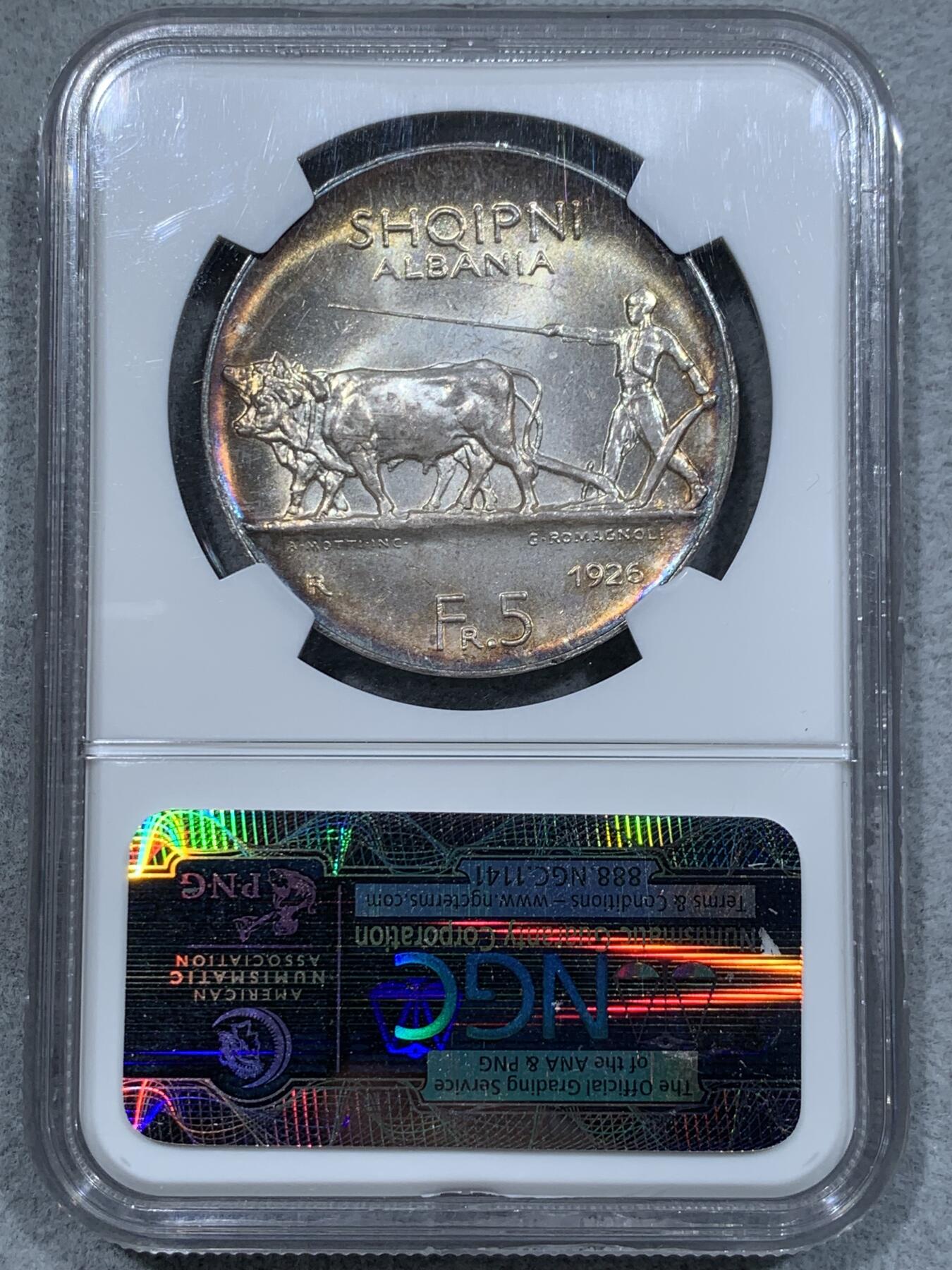 《竞宝斋》第337场 周日，周一，周二 3场连拍 （全场包邮） NGC MS65 1926R阿尔巴尼亚罗马厂5法郎银币 索古一世背牛耕地经典图案 梦幻五色环油彩 下星版稀少名品 顶级无暇高分 虹彩熠熠 绝美状态