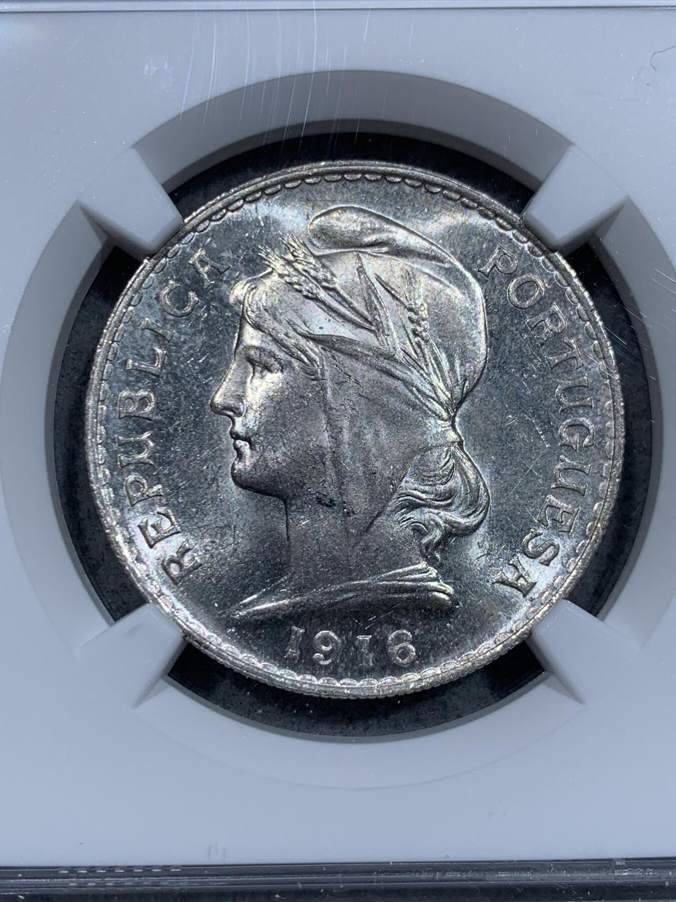 《竞宝斋》第337场 周日，周一，周二 3场连拍 （全场包邮） NGC MS63 葡萄牙1916年自由女神50分银币