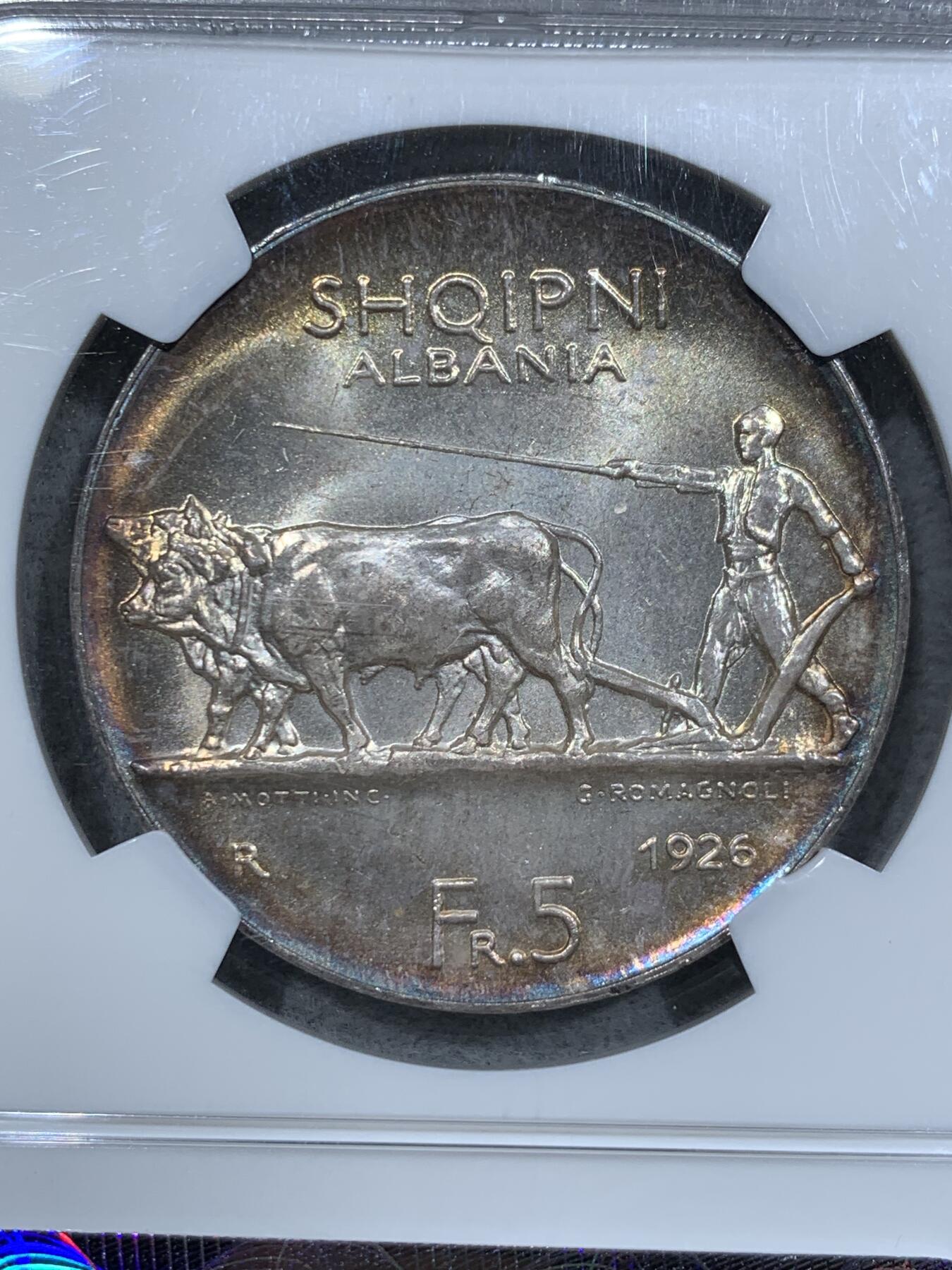 《竞宝斋》第337场 周日，周一，周二 3场连拍 （全场包邮） NGC MS65 1926R阿尔巴尼亚罗马厂5法郎银币 索古一世背牛耕地经典图案 梦幻五色环油彩 下星版稀少名品 顶级无暇高分 虹彩熠熠 绝美状态