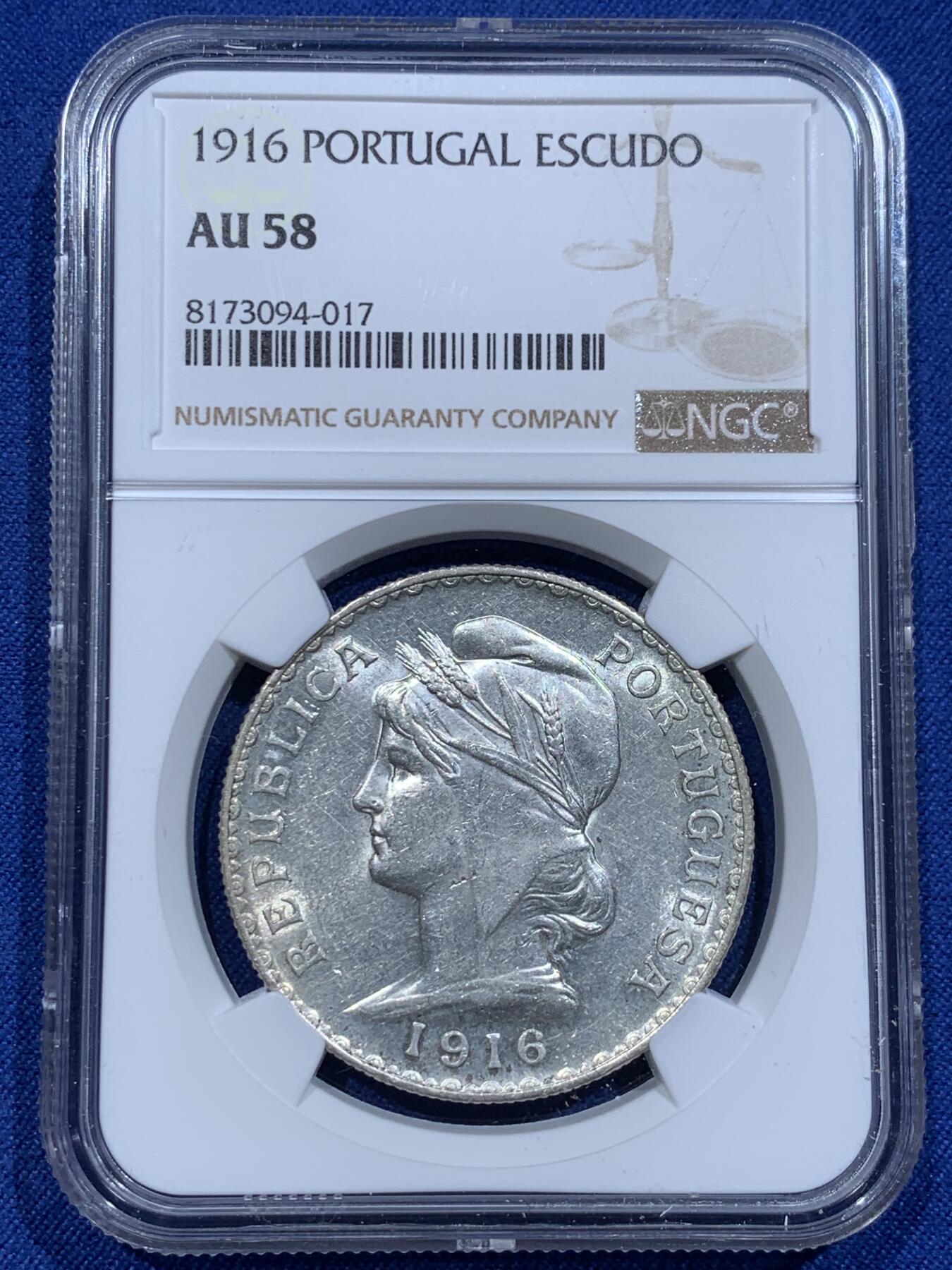 《竞宝斋》第338场 周日，周一，周二 3场连拍 （全场包邮） NGC AU58 葡萄牙1916年自由女神1埃斯库多大银币