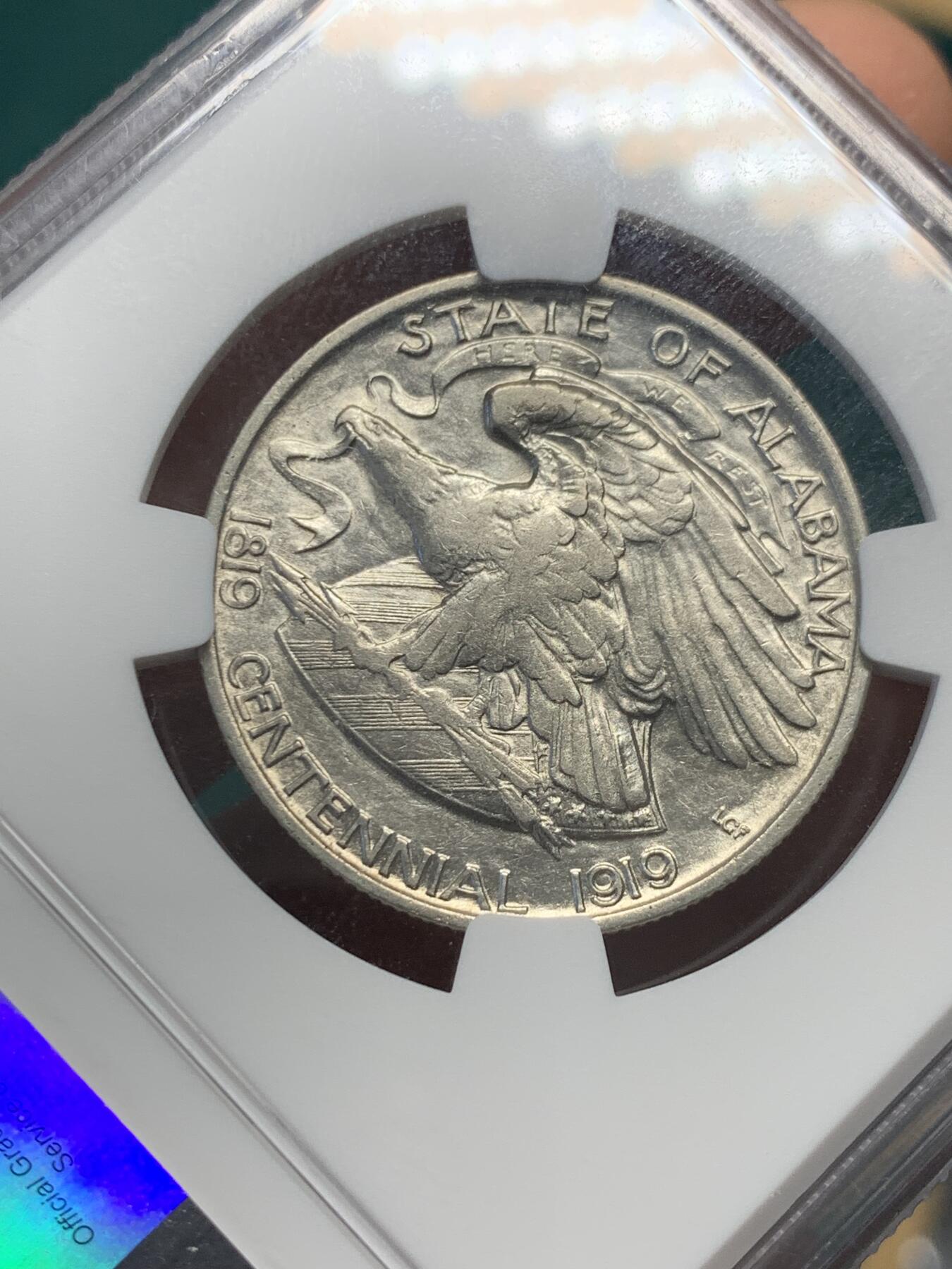《竞宝斋》第338场 周日，周一，周二 3场连拍 （全场包邮） NGC AU50 美国1921年阿拉巴马州成立100周年纪念50美分银币 低评