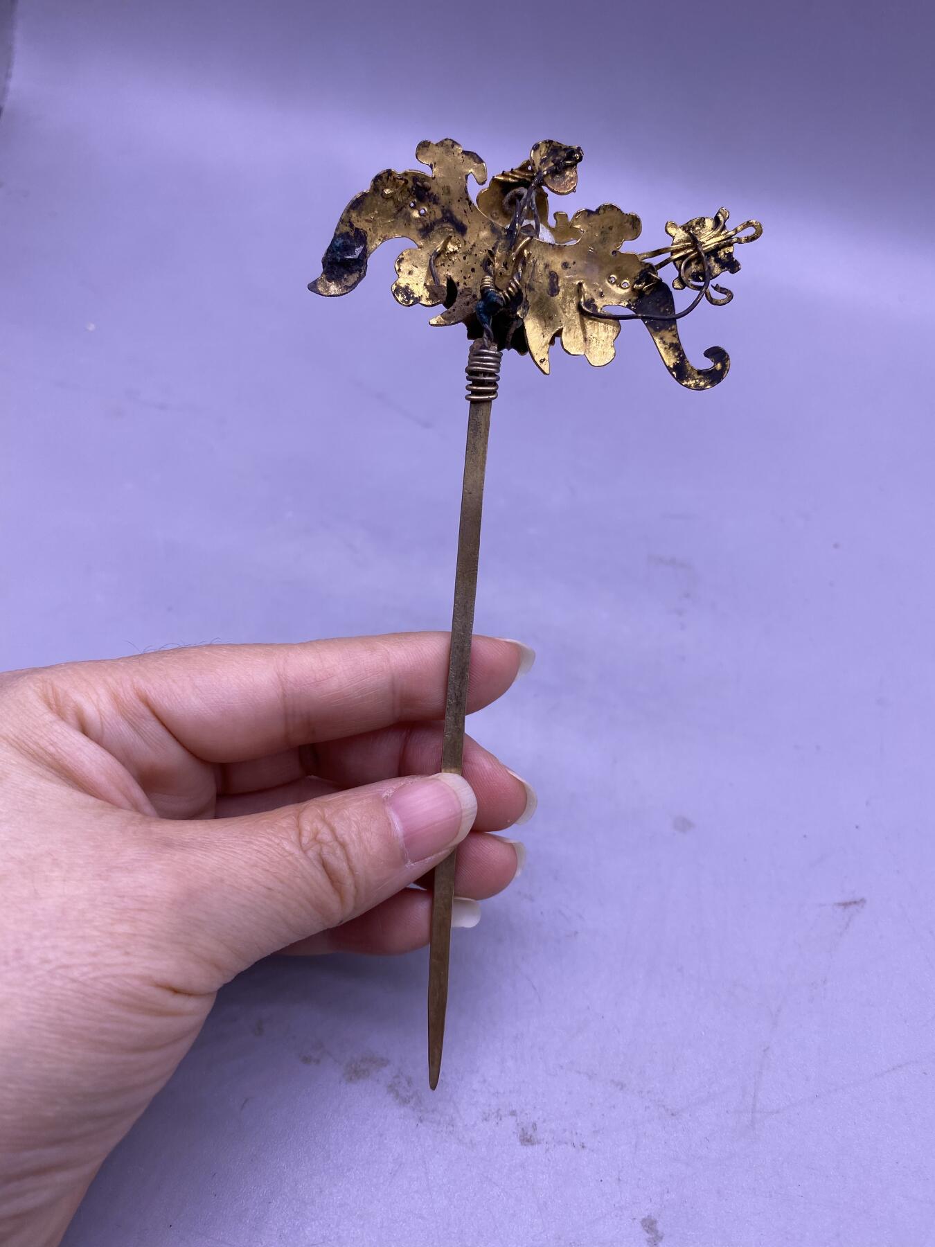 老银鎏金福在眼前簪子，尺寸14.9厘米，金水好，品相如图，1500包快递