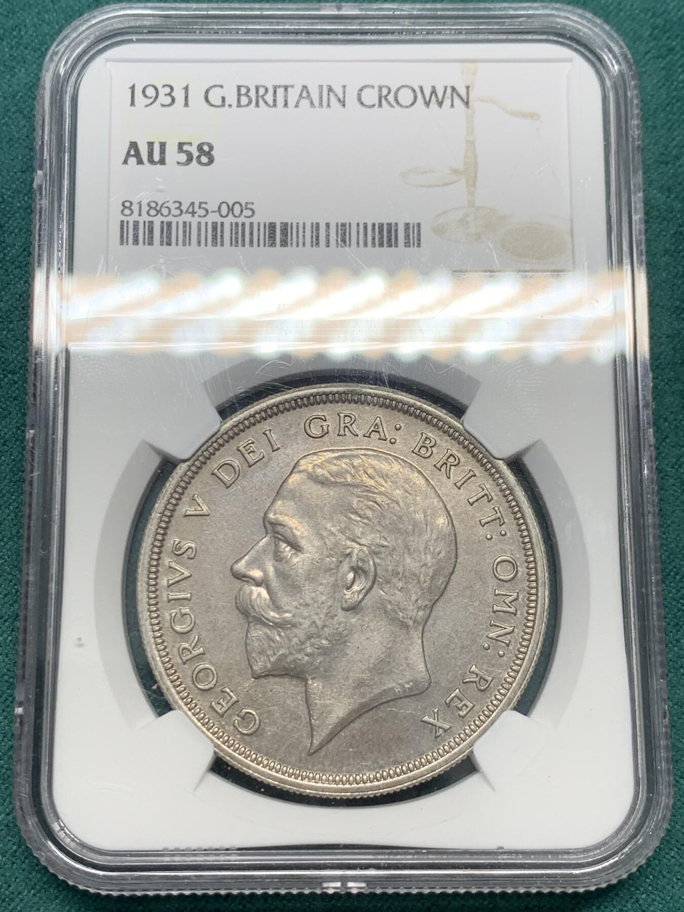 《竞宝斋》第338场 周日，周一，周二 3场连拍 （全场包邮） NGC AU58 英国1931年 乔五 花冠克朗大银币 发行仅4056枚 性价比之选