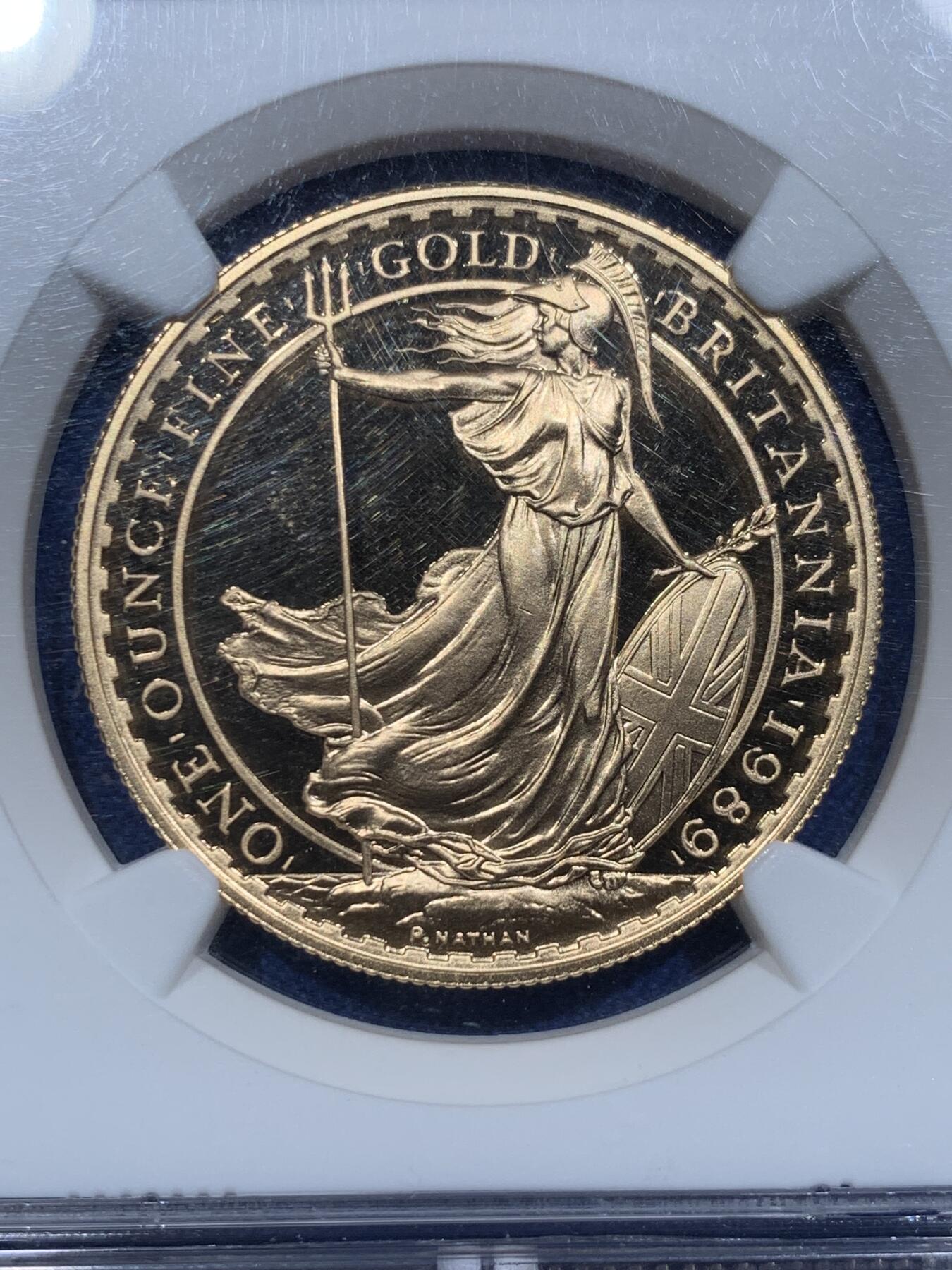《竞宝斋》第338场 周日，周一，周二 3场连拍 （全场包邮） NGC-PF69UC 1989年英国 不列颠女神1盎司金币 含1盎司纯金 34.05克 0.9167金 压手感一流 2606枚发行量 最少的年份 不可错过