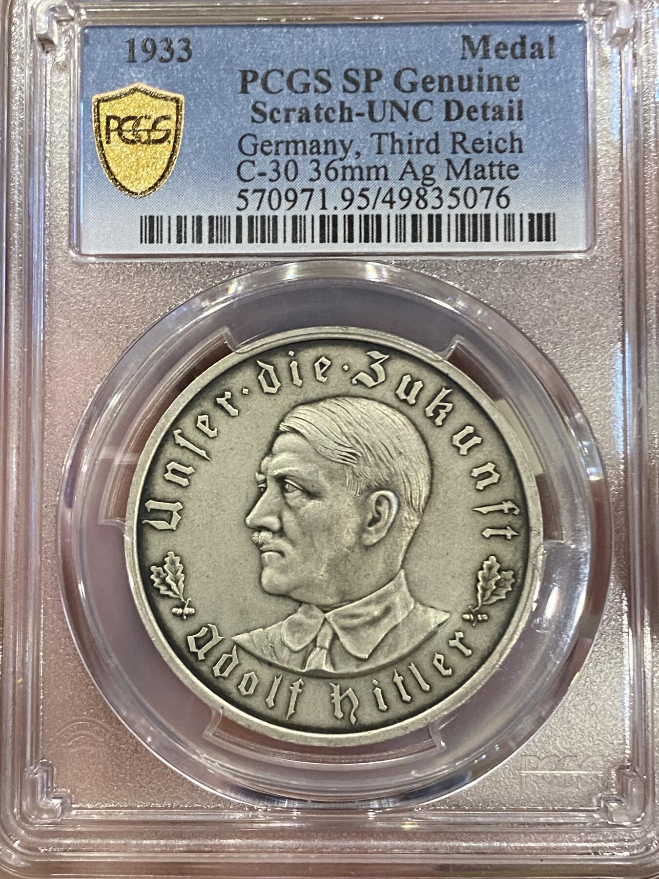 万国钱币拍卖第039期 PCGS UNCD 1933年德国民族社会主义工人党党魁当选帝国总理纪念银章 名誉品种 有轻微刻画