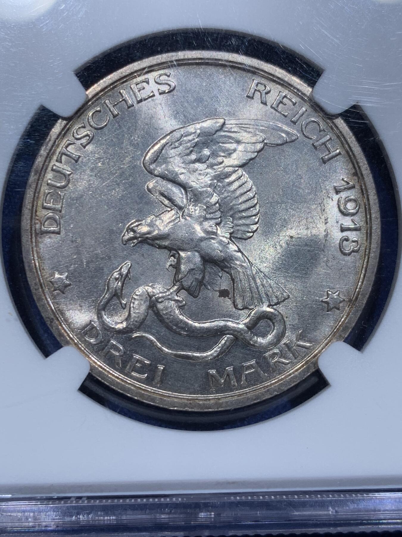 《竞宝斋》第338场 周日，周一，周二 3场连拍 （全场包邮） NGC UNCD 德国1913A普鲁士战胜拿破仑3马克银币 带彩