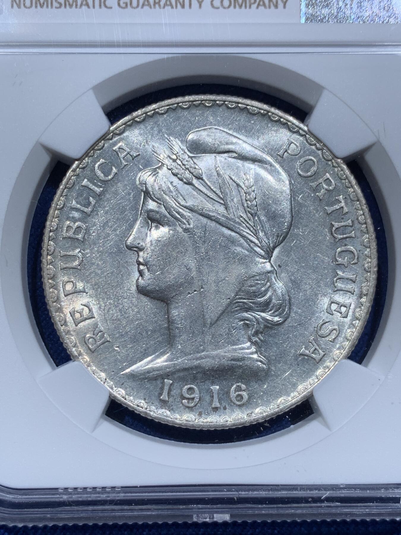 《竞宝斋》第338场 周日，周一，周二 3场连拍 （全场包邮） NGC AU58 葡萄牙1916年自由女神1埃斯库多大银币
