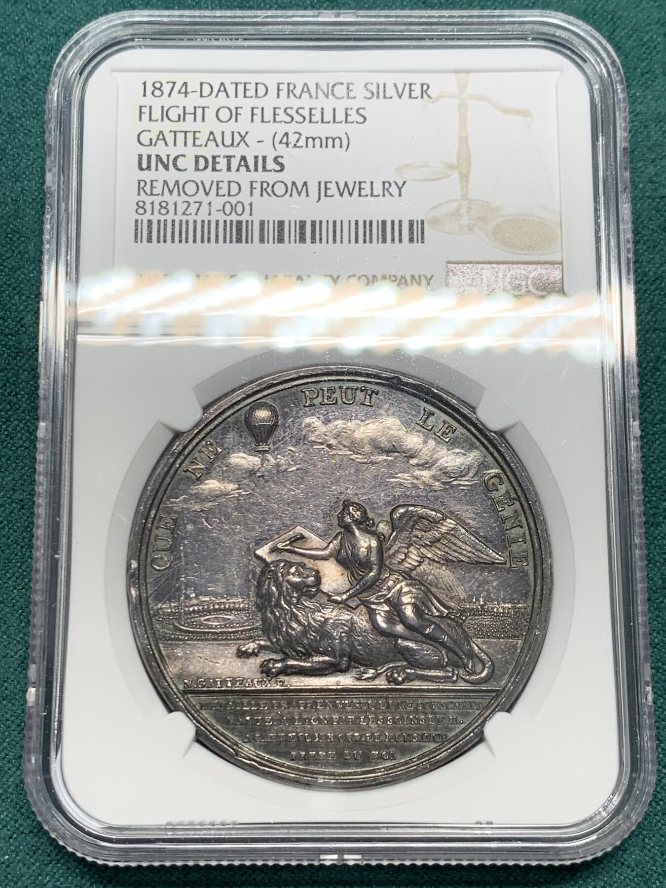 《竞宝斋》第338场 周日，周一，周二 3场连拍 （全场包邮） NGC UNCD 1874年法国弗莱塞勒热气球飞行纪念银章 大直径 非常少见