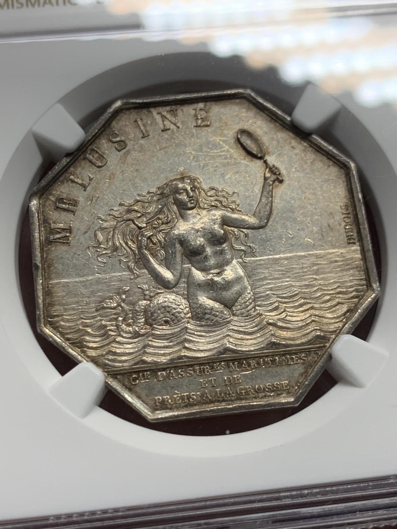 《竞宝斋》第339场 周日，周一，周二 3场连拍 （全场包邮） NGC-MS61 法国1832-1841年间海妖八角银质代币，海上保险与贷款公司