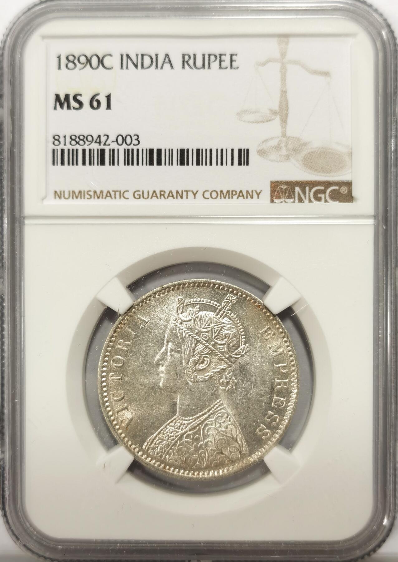 博洋堂世界钱币拍卖第104期（全场包邮） NGC MS61 印度早期卢比1890C一卢比 车轮光 银光一流