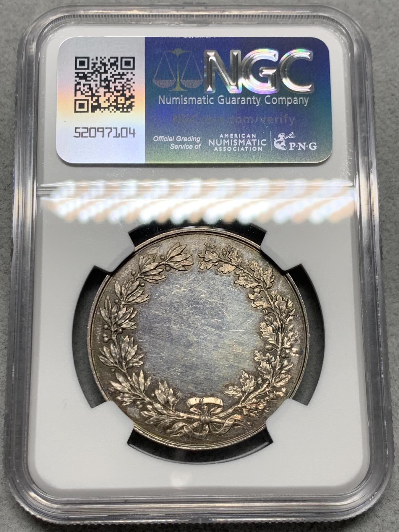 《竞宝斋》第339场 周日，周一，周二 3场连拍 （全场包邮） NGC MS63 少见高分 瑞士日内瓦工业与艺术博览会银质奖章，双面彩底，无刻字版，作者：A.Bovy