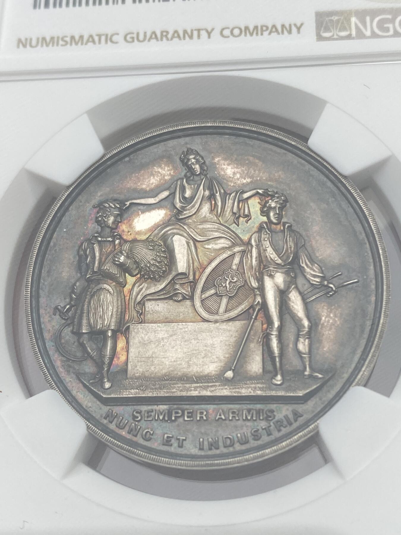 万国钱币拍卖第039期 NGC MS63 1880年苏格兰农业协会颁发的获奖银章，直径35毫米，五彩老包浆十分难得。