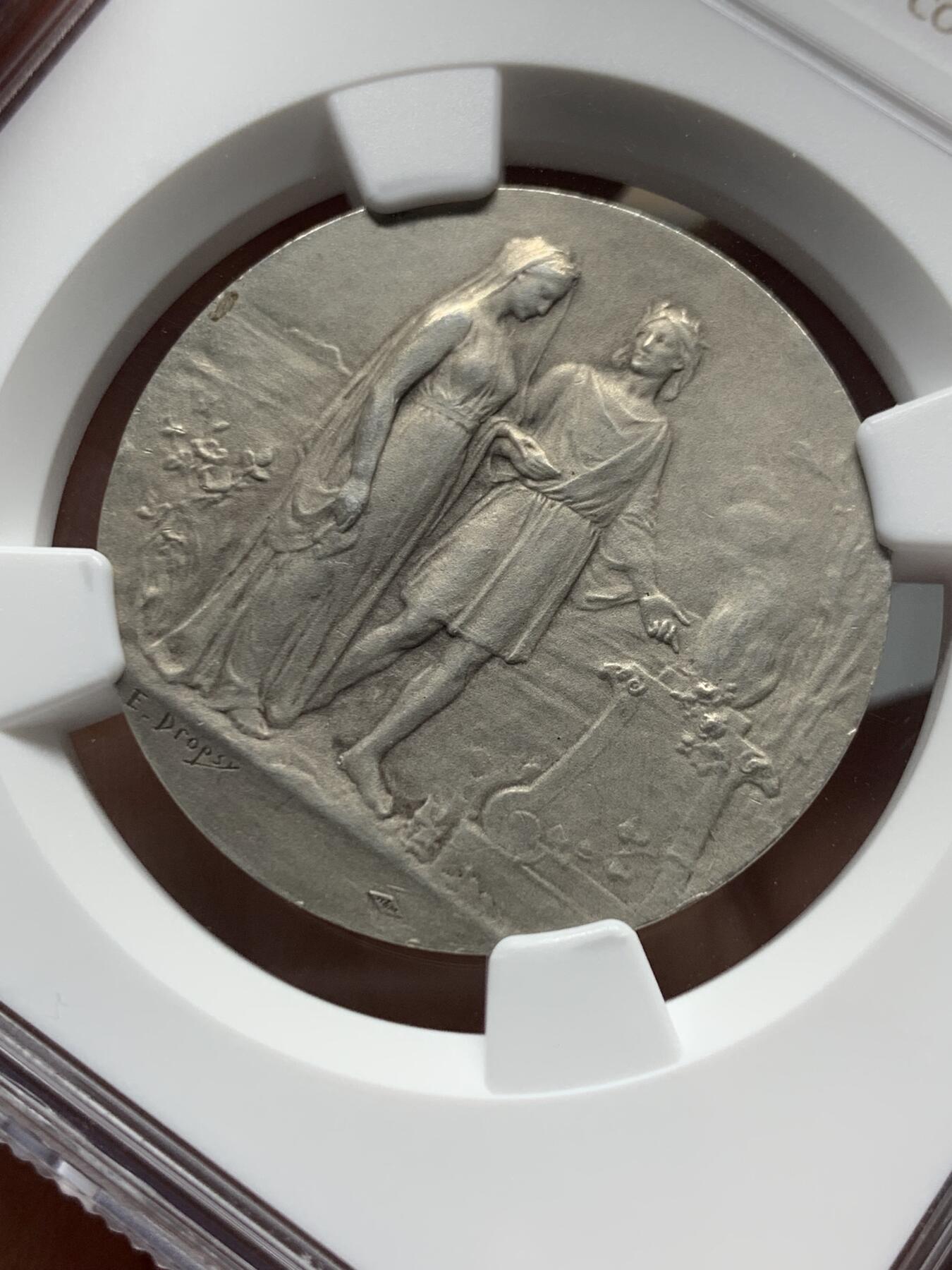 《竞宝斋》第339场 周日，周一，周二 3场连拍 （全场包邮） NGC MS62 法国1909年结婚银章 新艺术大师Dropsy作品