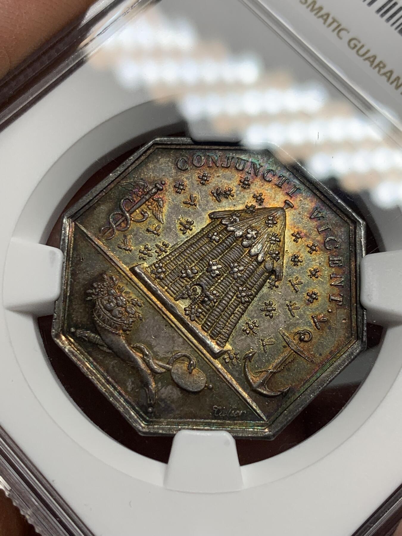 《竞宝斋》第339场 周日，周一，周二 3场连拍 （全场包邮） NGC-MS63 法国鲁昂工商业自由协会八角银质代币，早期无边铭