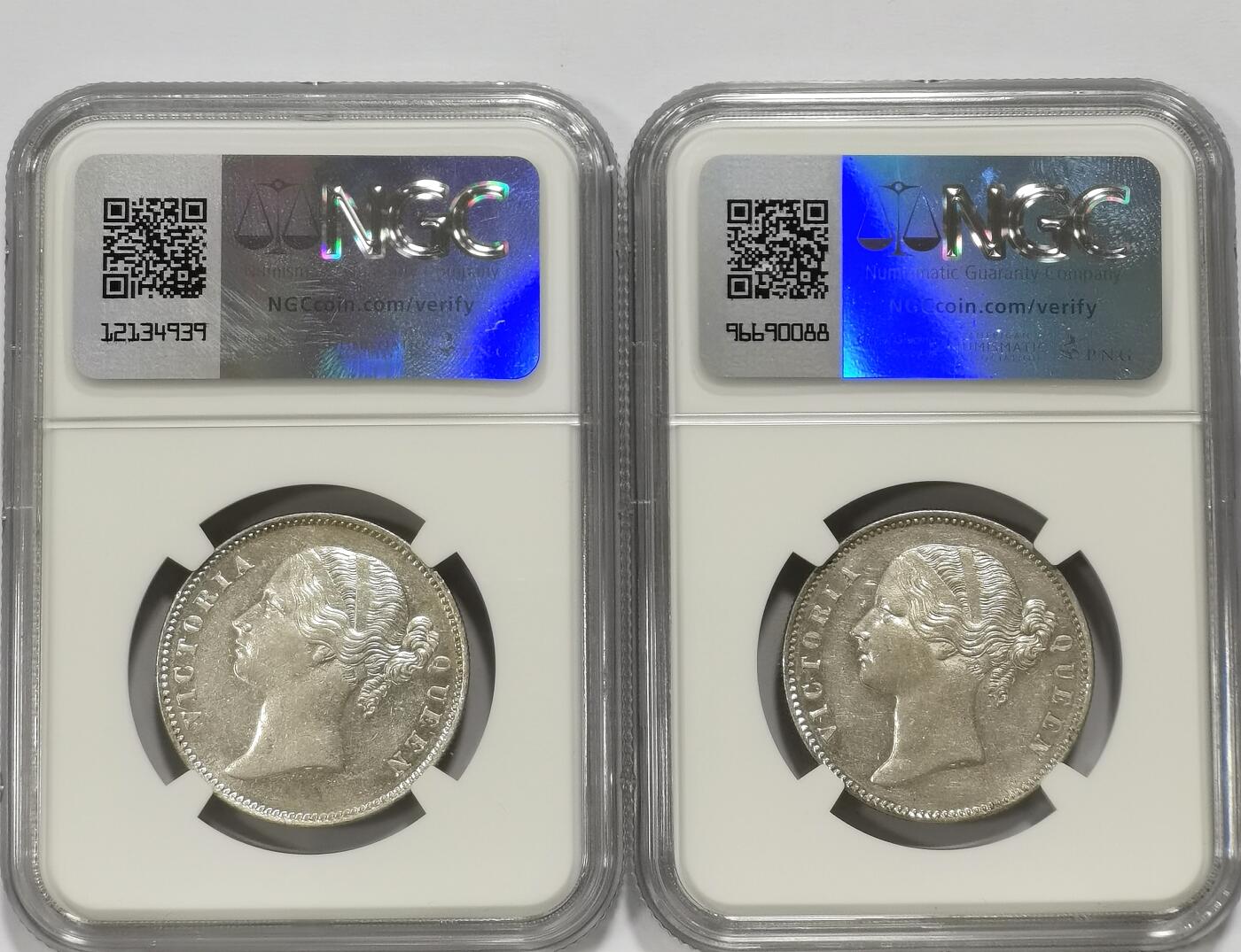 博洋堂世界钱币拍卖第106期（全场包邮） NGC AU58 英属东印度公司1840年维多利亚双辫版1卢比银币2枚一对2