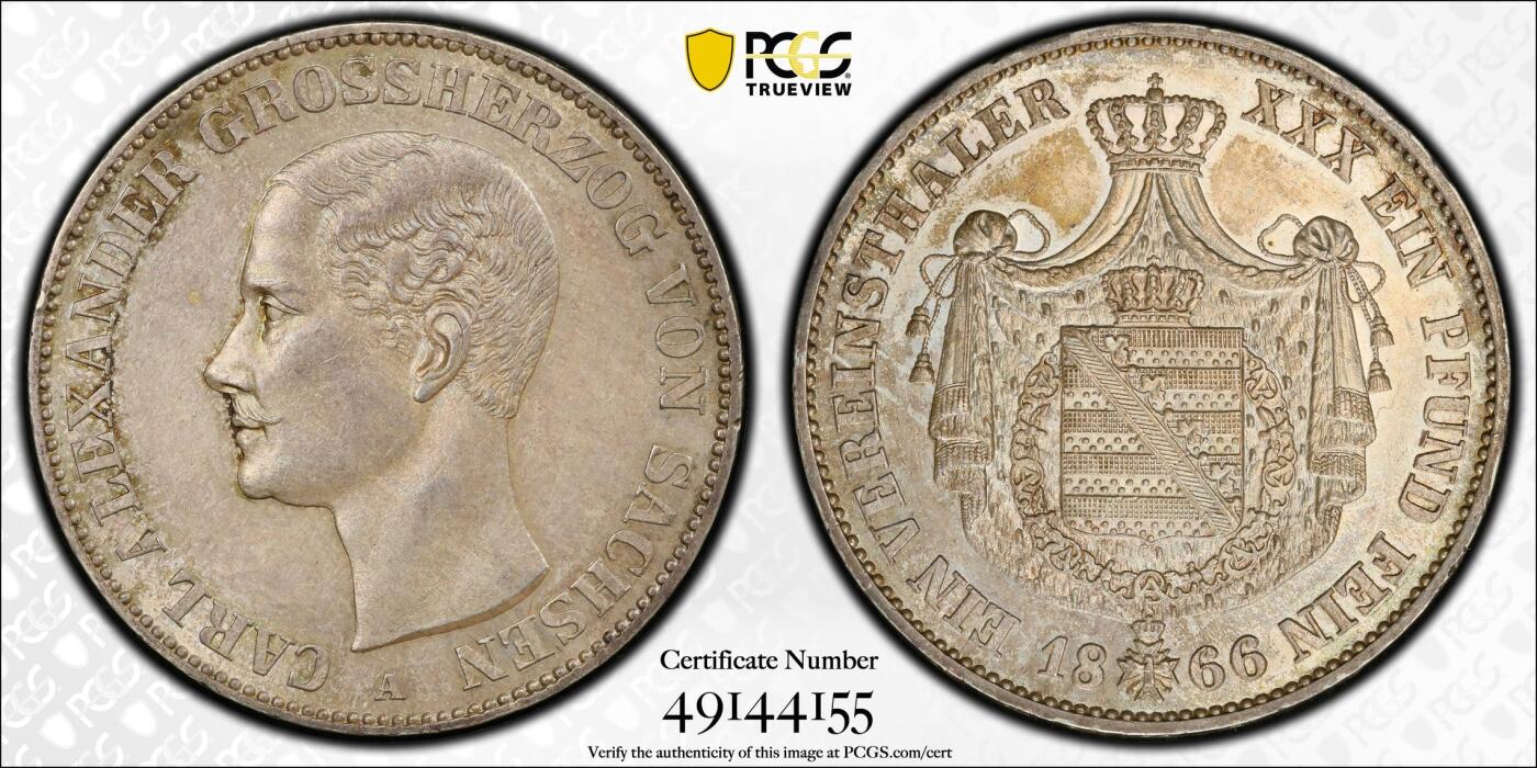 万国钱币拍卖第039期 PCGS AU58 1866德国萨克森-魏玛-埃森纳赫纹章泰勒 原味纸袋包浆，PC亚军分，更高分仅一枚。