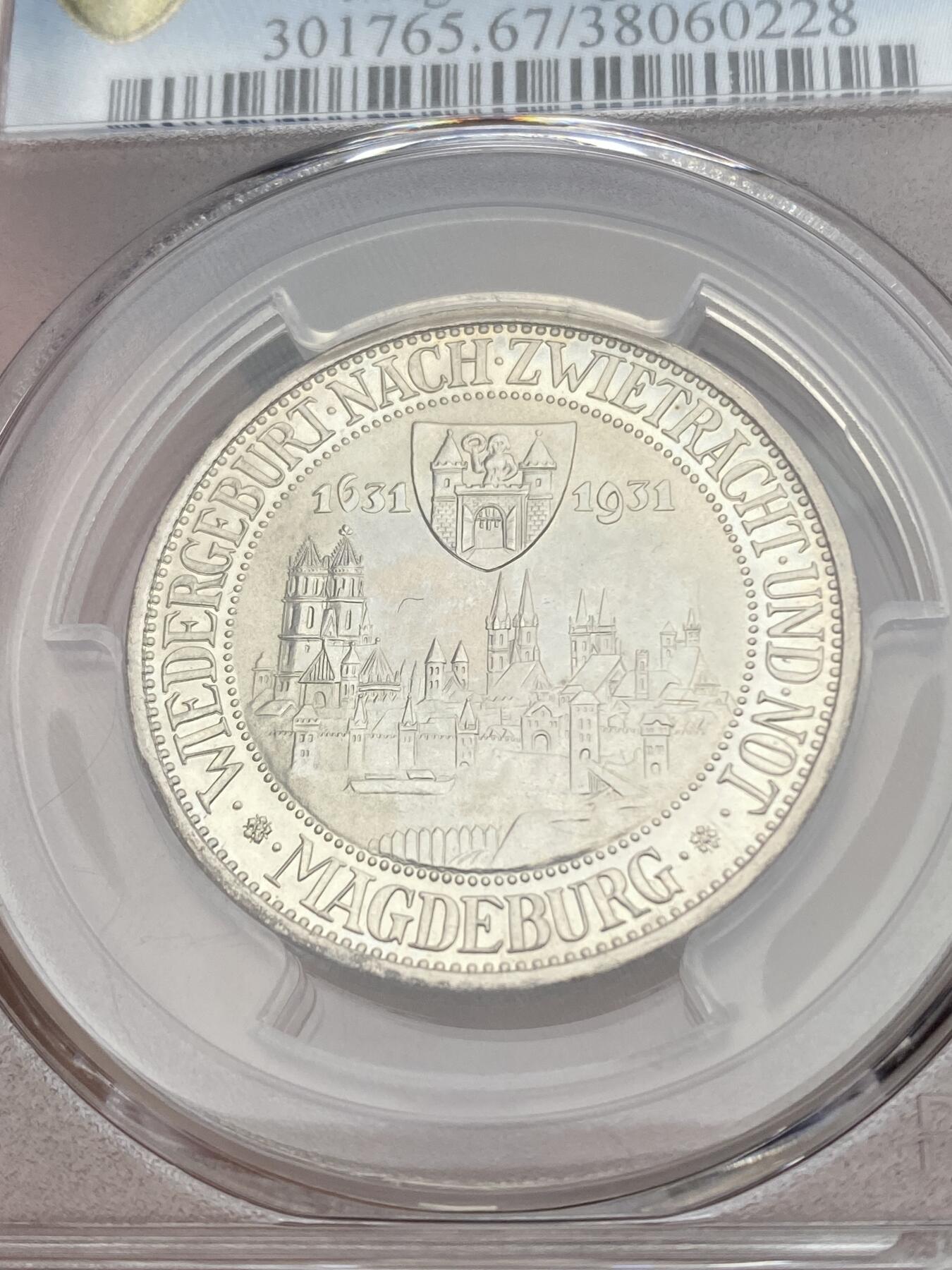 万国钱币拍卖第039期 PCGS PR67 1931魏玛共和国精制马格德堡景观3马克 媲美现代币的工艺与分数，肉眼无暇状态。
