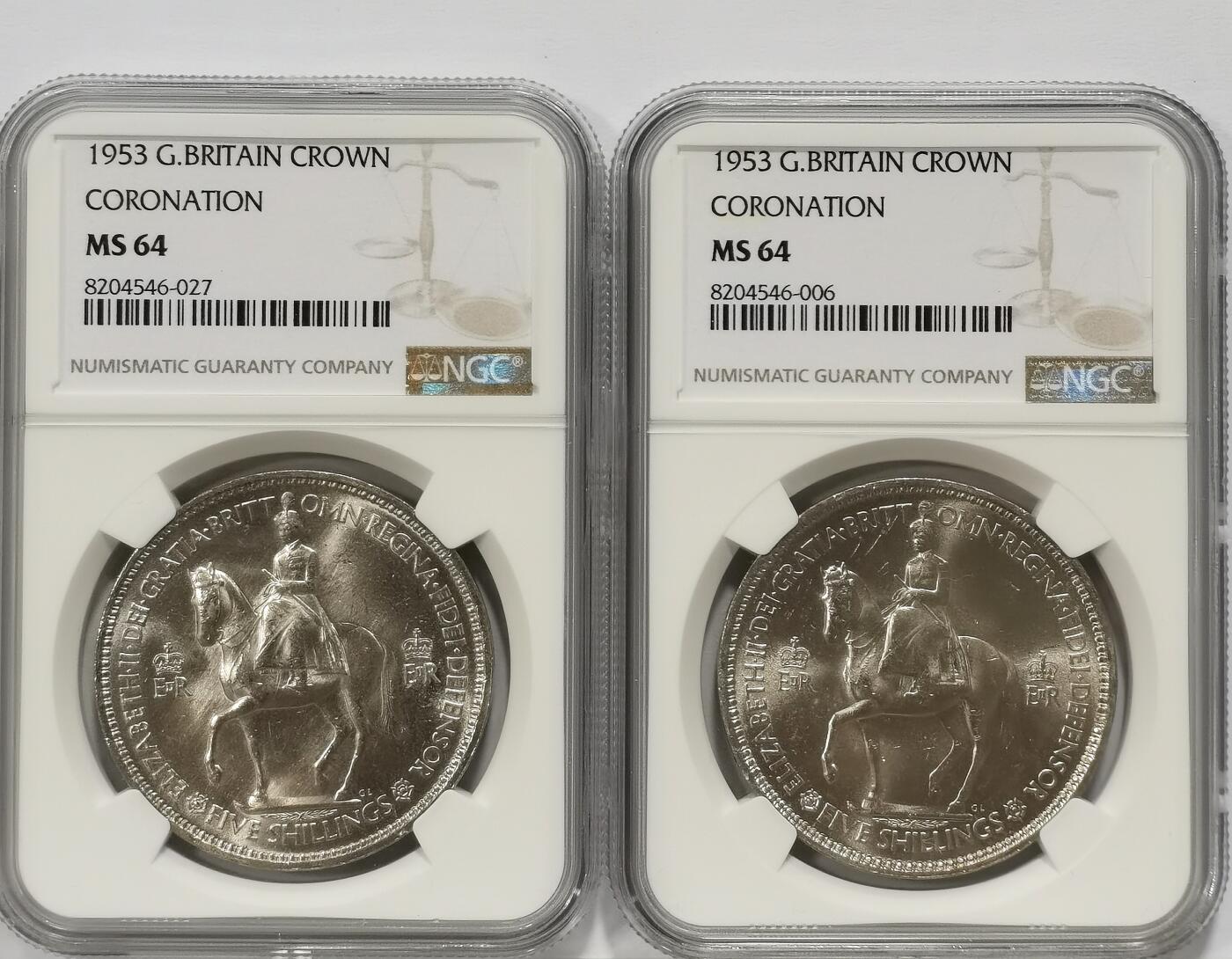 博洋堂世界钱币拍卖第104期（全场包邮） NGC MS64 英国1953年伊丽莎白二世登基纪念克朗2枚一对