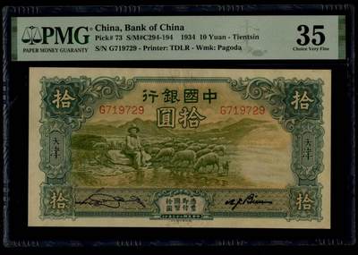 民国纸币 - 中国银行10元，PMG35分，无背标，大绵羊