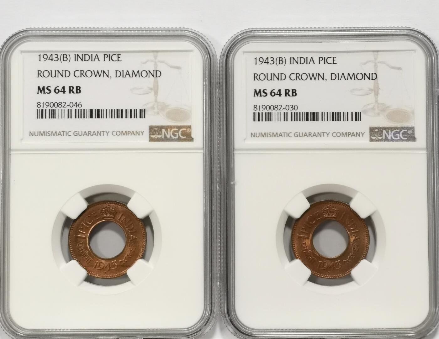 博洋堂世界钱币拍卖第104期（全场包邮） NGC MS64RB 英属印度1943年B版乔治六世1派沙铜币2枚一对，最少见的圆冠钻版