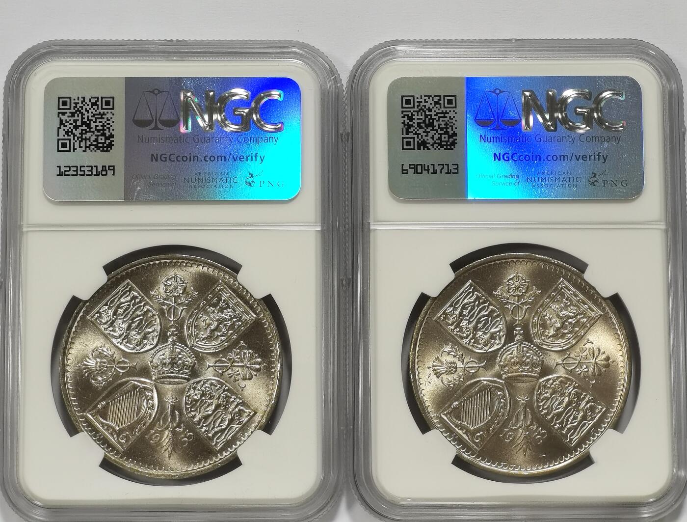 博洋堂世界钱币拍卖第104期（全场包邮） NGC MS64 英国1953年伊丽莎白二世登基纪念克朗2枚一对