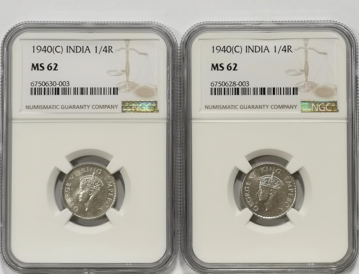博洋堂世界钱币拍卖第104期（全场包邮） NGC MS62 英属印度1940年C版乔治六世1/4卢比银币2枚一对