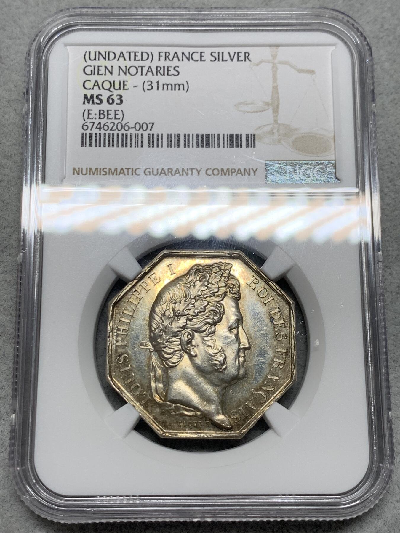 《竞宝斋》第339场 周日，周一，周二 3场连拍 （全场包邮） NGC MS63 极少见品 吉恩公证人银质八角 金彩包浆 正面：路易菲利普戴着皇冠，签名：CAQUEF