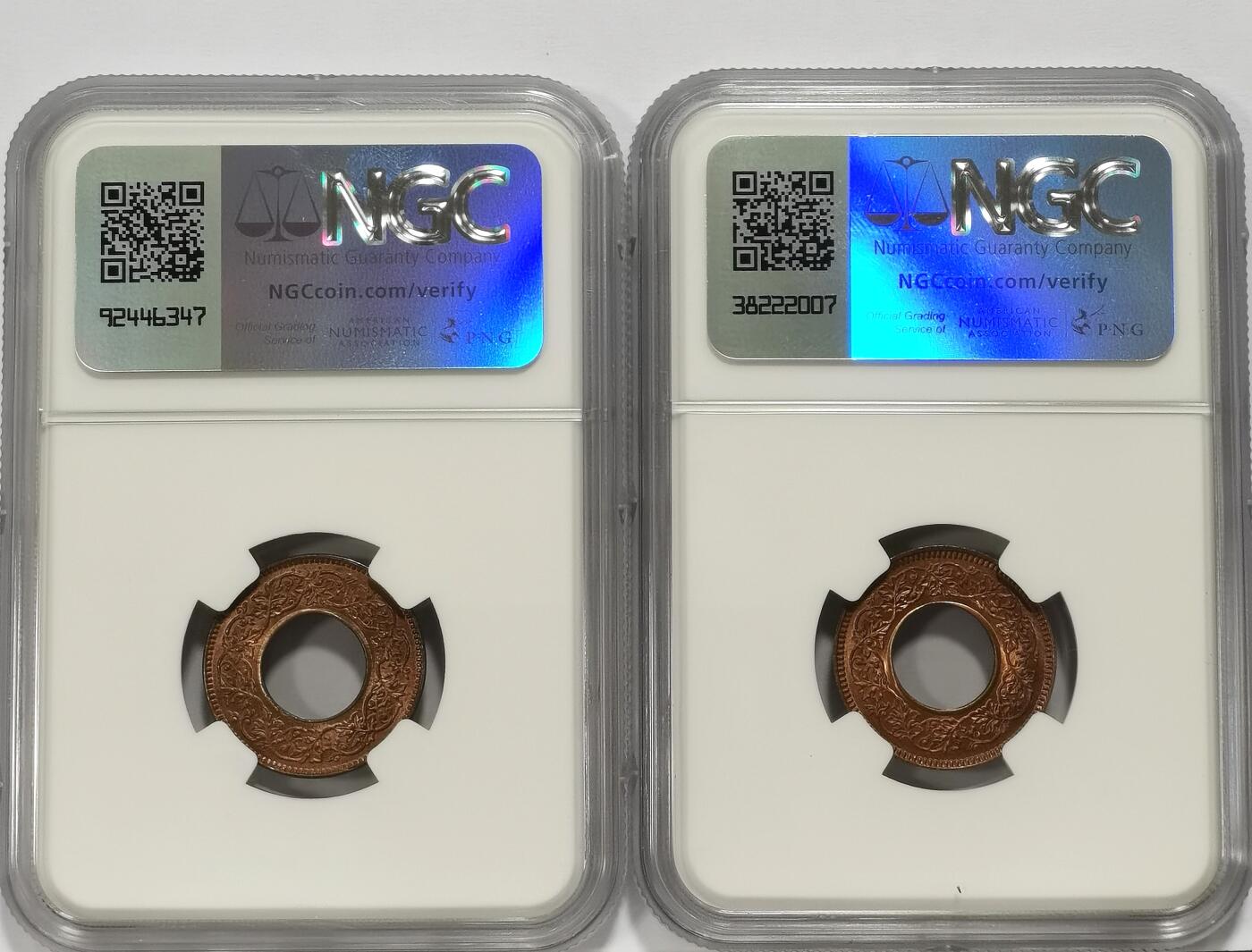 博洋堂世界钱币拍卖第104期（全场包邮） NGC MS64RB 英属印度1943年B版乔治六世1派沙铜币2枚一对，最少见的圆冠钻版