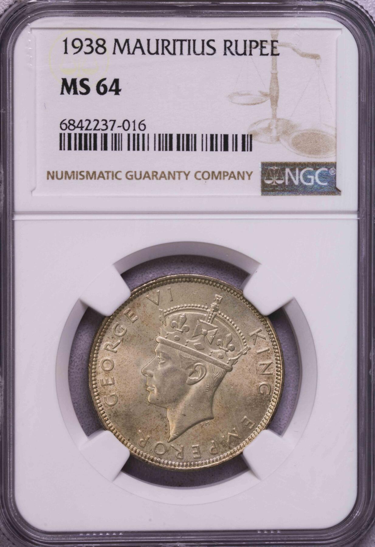 NGC-MS64 1938毛里求斯乔六1卢比银币 稀少品种 纸袋包浆
