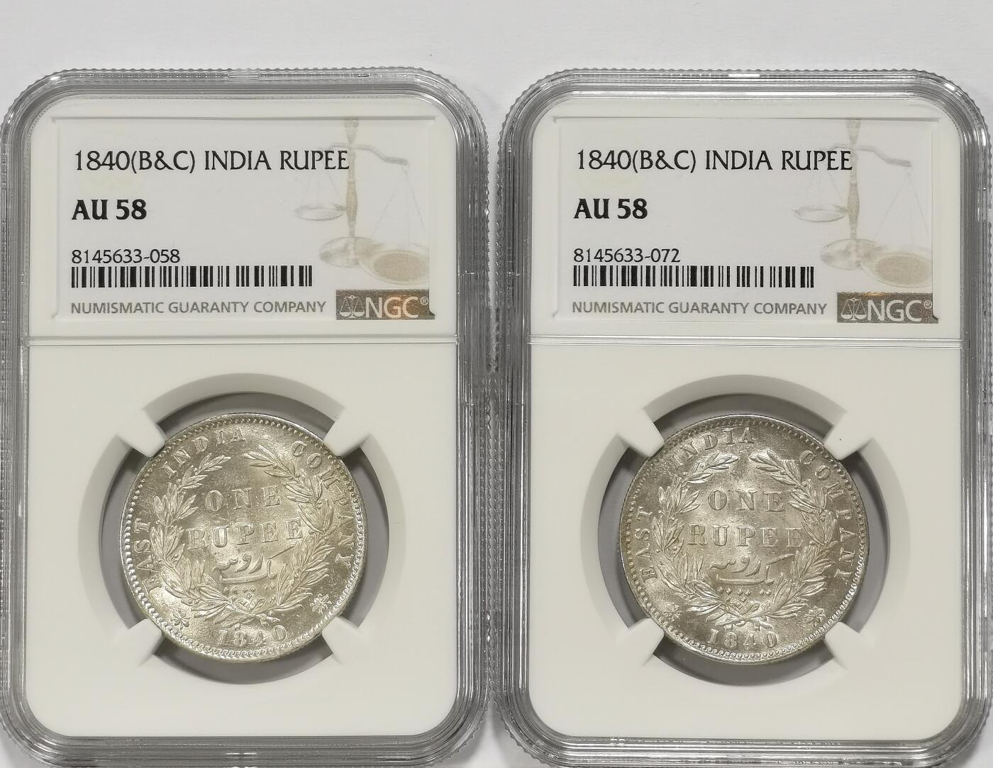 博洋堂世界钱币拍卖第106期（全场包邮） NGC AU58 英属东印度公司1840年维多利亚双辫版1卢比银币2枚一对2