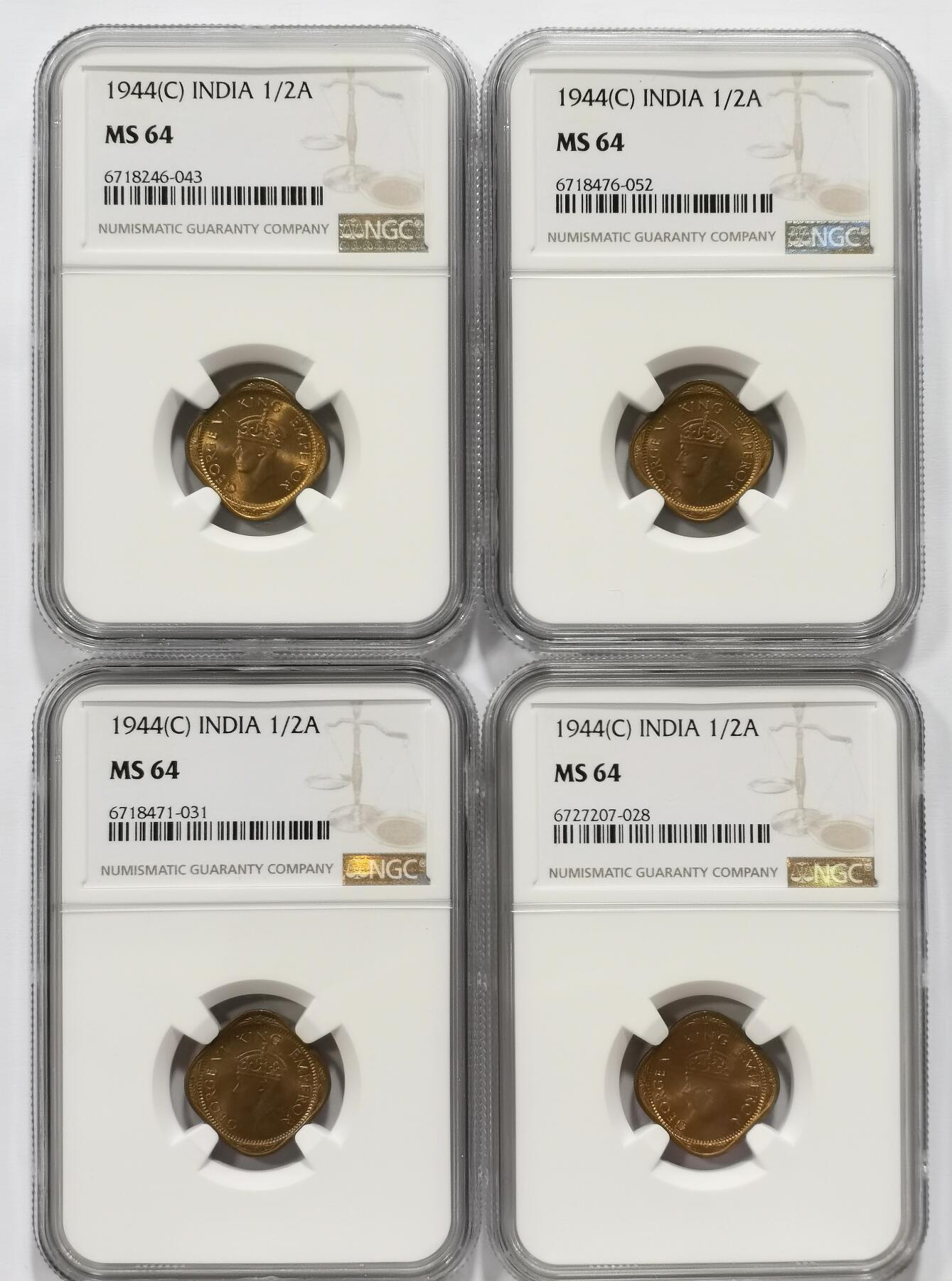 博洋堂世界钱币拍卖第104期（全场包邮） NGC MS64 英属印度1944年C版乔治六世1/2安娜铜币4枚一组
