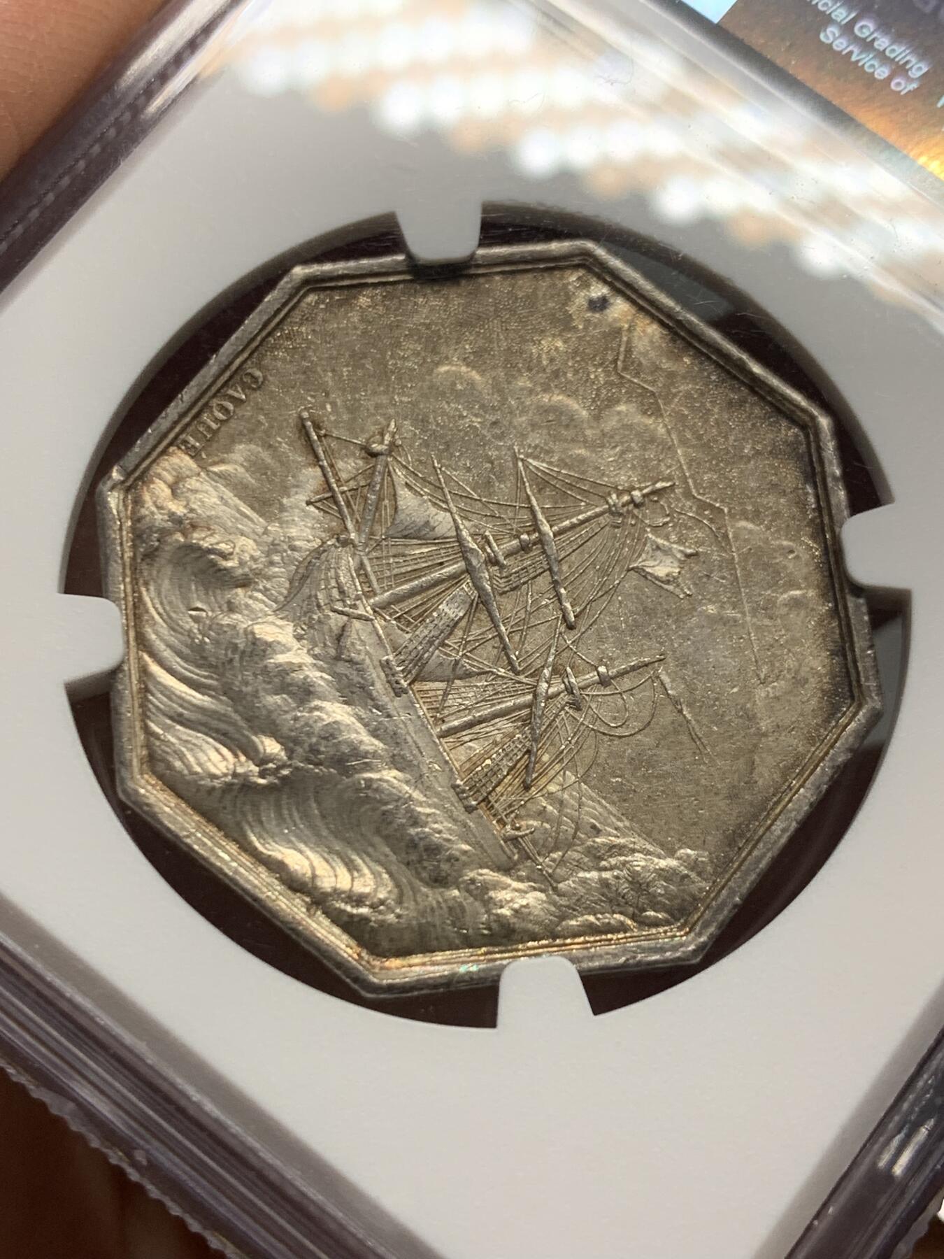《竞宝斋》第339场 周日，周一，周二 3场连拍 （全场包邮） NGC-MS61 法国1832-1841年间海妖八角银质代币，海上保险与贷款公司