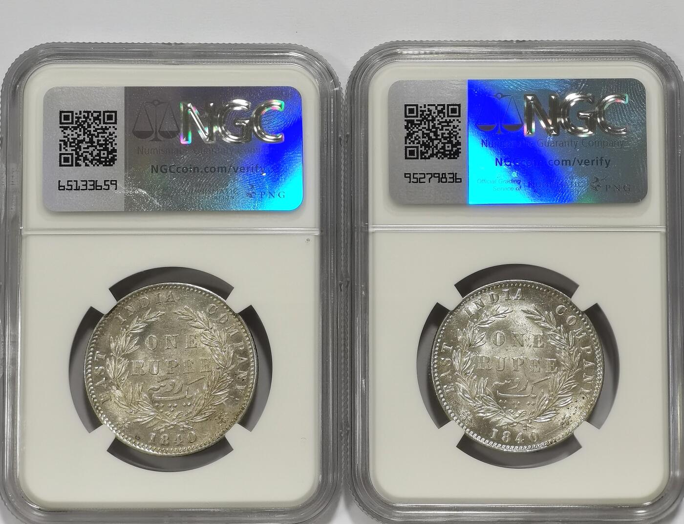 博洋堂世界钱币拍卖第106期（全场包邮） NGC AU58 英属东印度公司1840年维多利亚双辫版1卢比银币2枚一对1