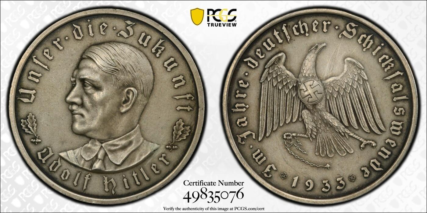 万国钱币拍卖第039期 PCGS UNCD 1933年德国民族社会主义工人党党魁当选帝国总理纪念银章 名誉品种 有轻微刻画