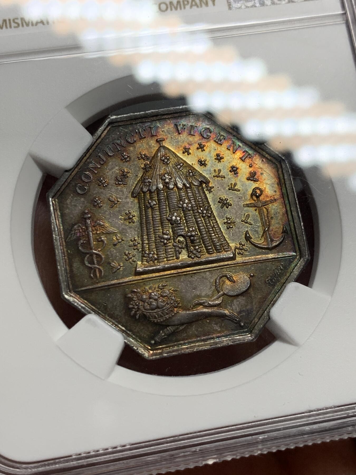 《竞宝斋》第339场 周日，周一，周二 3场连拍 （全场包邮） NGC-MS63 法国鲁昂工商业自由协会八角银质代币，早期无边铭