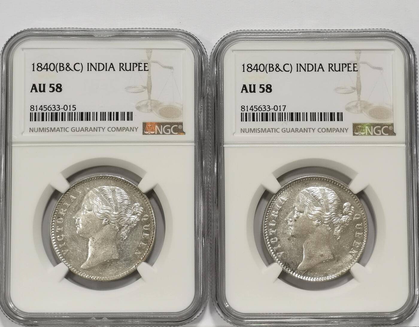博洋堂世界钱币拍卖第106期（全场包邮） NGC AU58 英属东印度公司1840年维多利亚双辫版1卢比银币2枚一对1