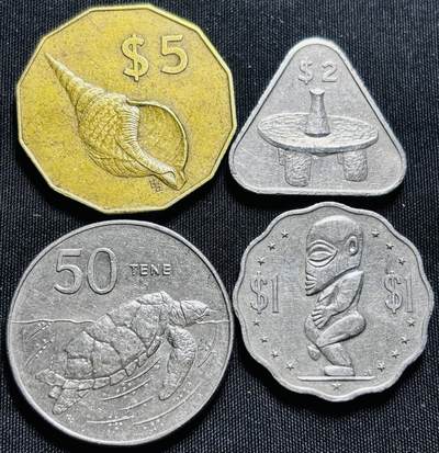 文馨钱币收藏第 201 场，少量大铜章，纪念币，古铜币 - 少见库克群岛 50 分-1 元-2 元-5 元 ，4 枚小套