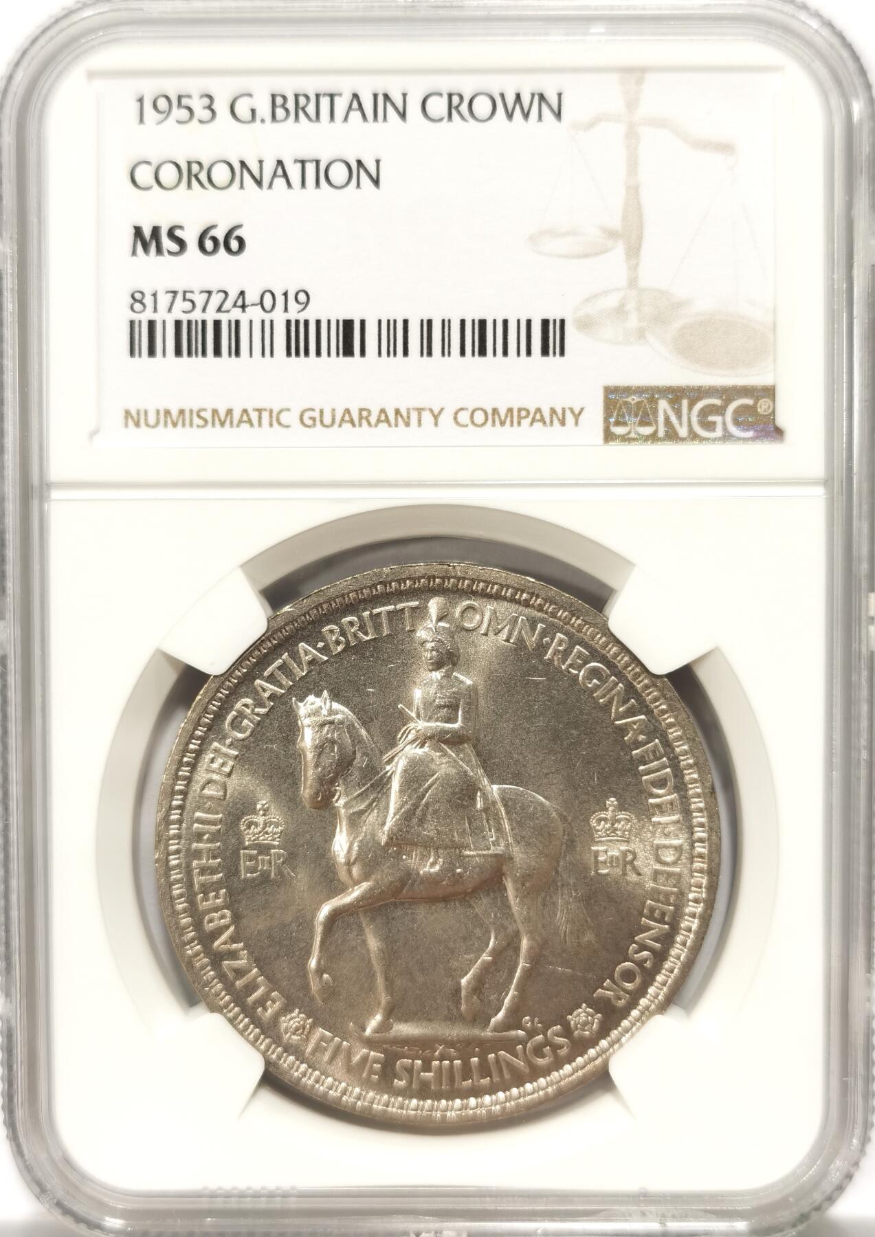 博洋堂世界钱币拍卖第104期（全场包邮） NGC MS66 英国1953年伊丽莎白二世登基纪念克朗，少见高分