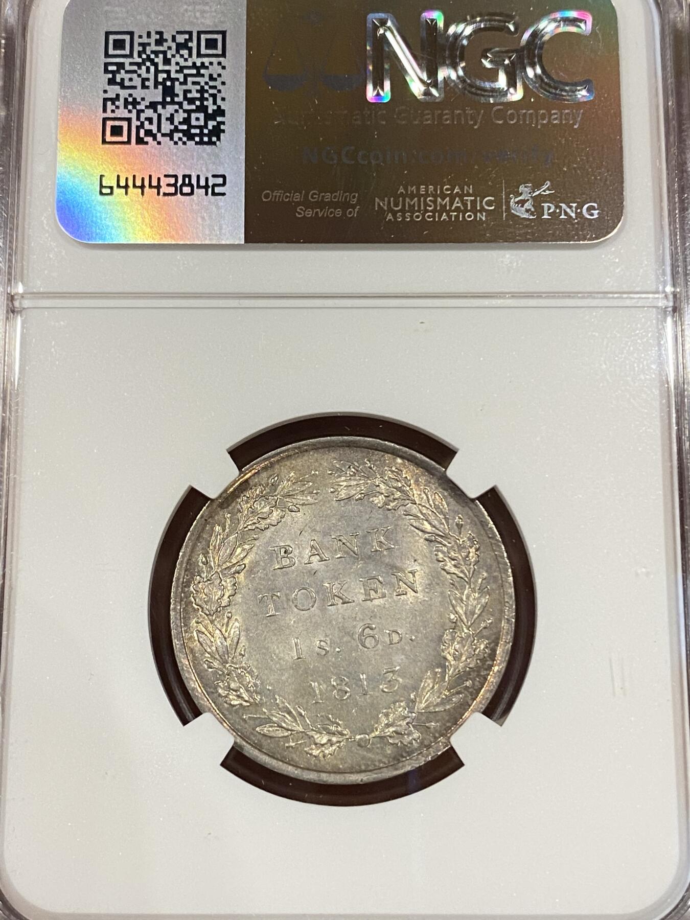 万国钱币拍卖第039期 NGC MS63 1813英国乔治三世英格兰银行1先令6便士银币 原光淡包浆。