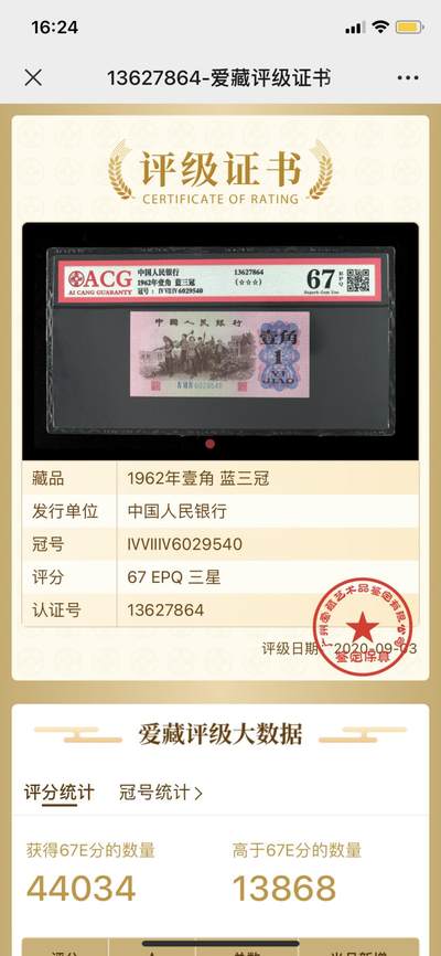 思温藏品团购专场（138） 0185-第三套人民币 ·三星蓝三冠·爱藏67EPQ0185-第三套人民币 ·三星蓝三冠·爱藏67EPQ（三星认证:☆☆☆无油无斑）