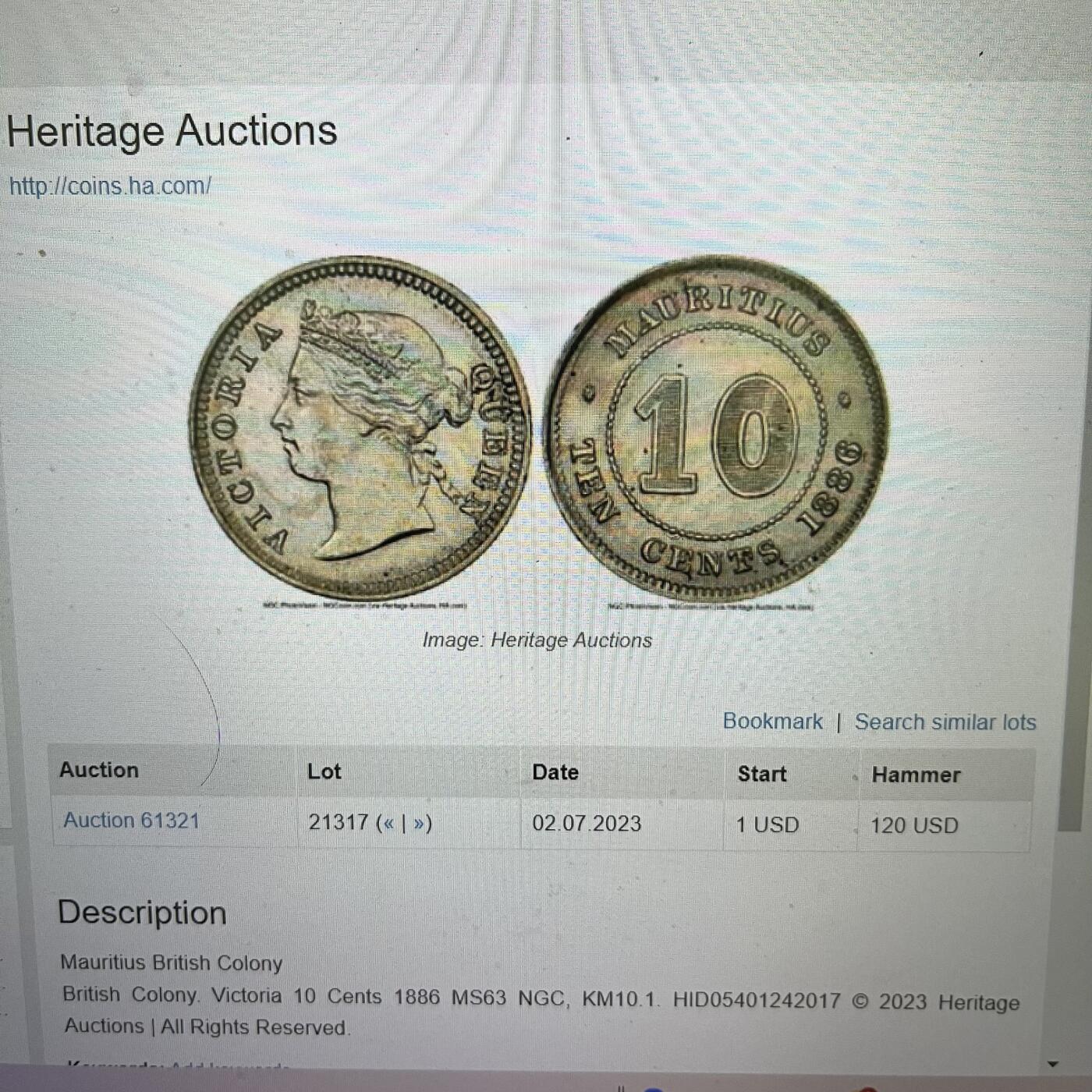 NGC-MS63 1886英属毛里求斯10分银币 小特年粉光