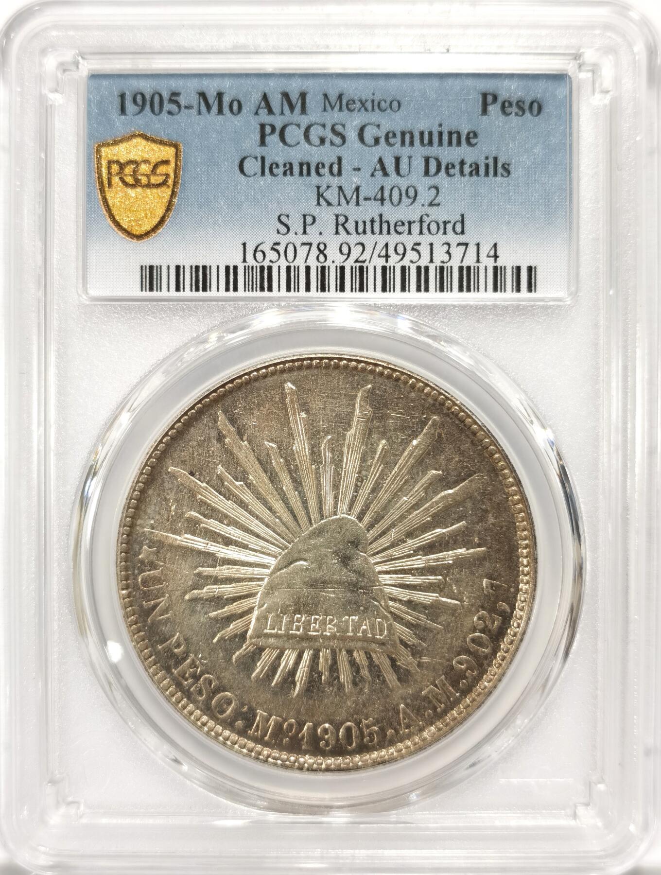 博洋堂世界钱币拍卖第104期（全场包邮） PCGS AU 墨西哥1905年MO AM版直边鹰洋，原味包浆，S.P.Rutherford名家旧藏