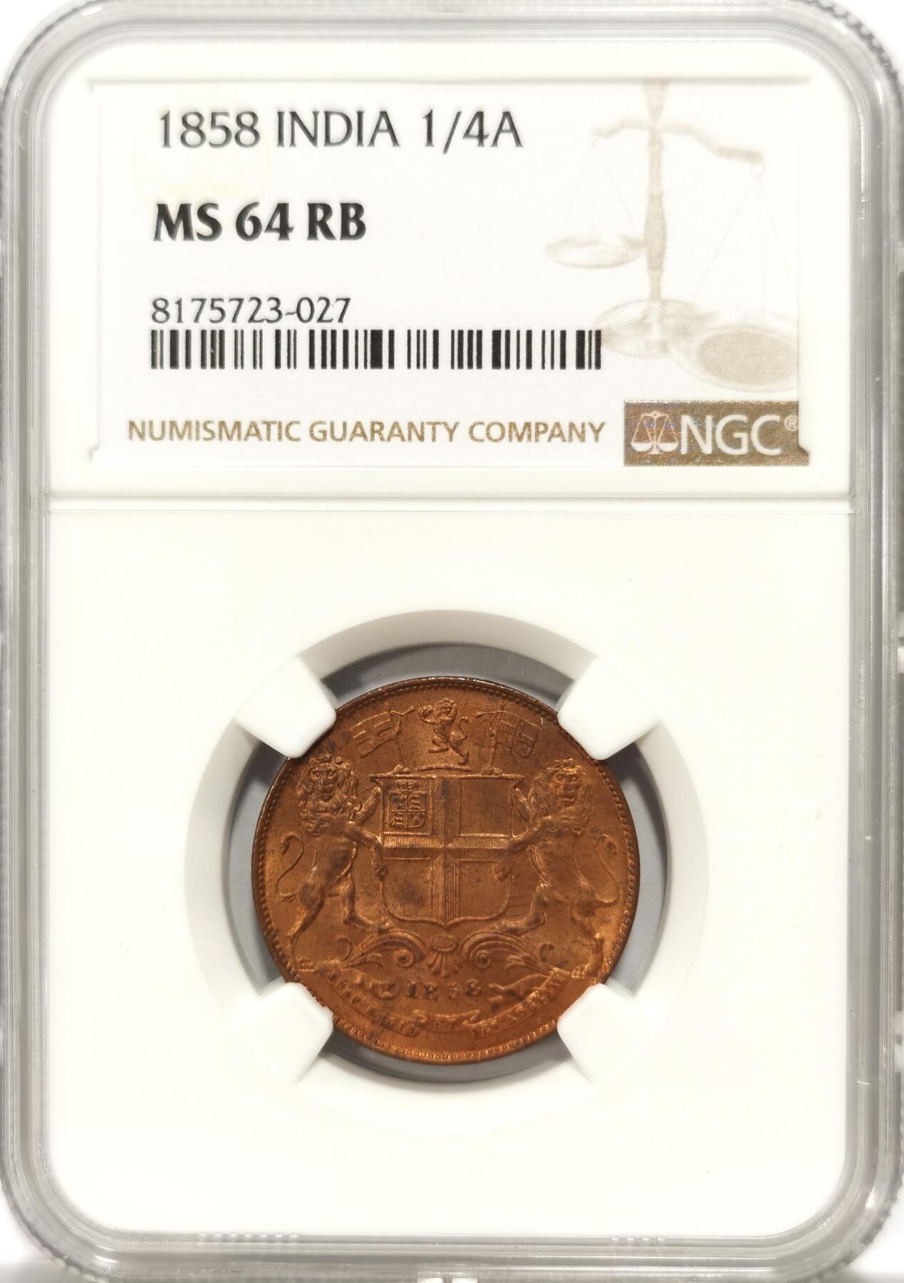 博洋堂世界钱币拍卖第104期（全场包邮） NGC MS64RB 东印度公司1858年1/4安那铜币