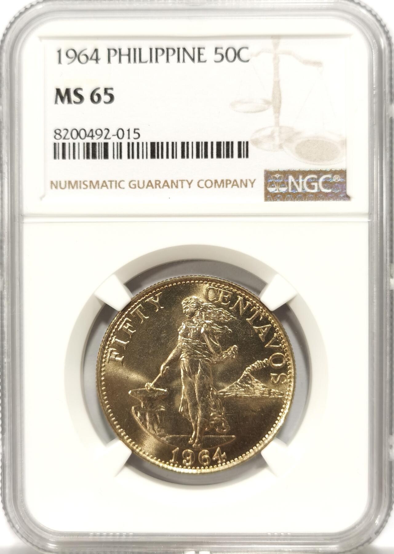 博洋堂世界钱币拍卖第104期（全场包邮） NGC MS65 菲律宾1964年打铁女神50分