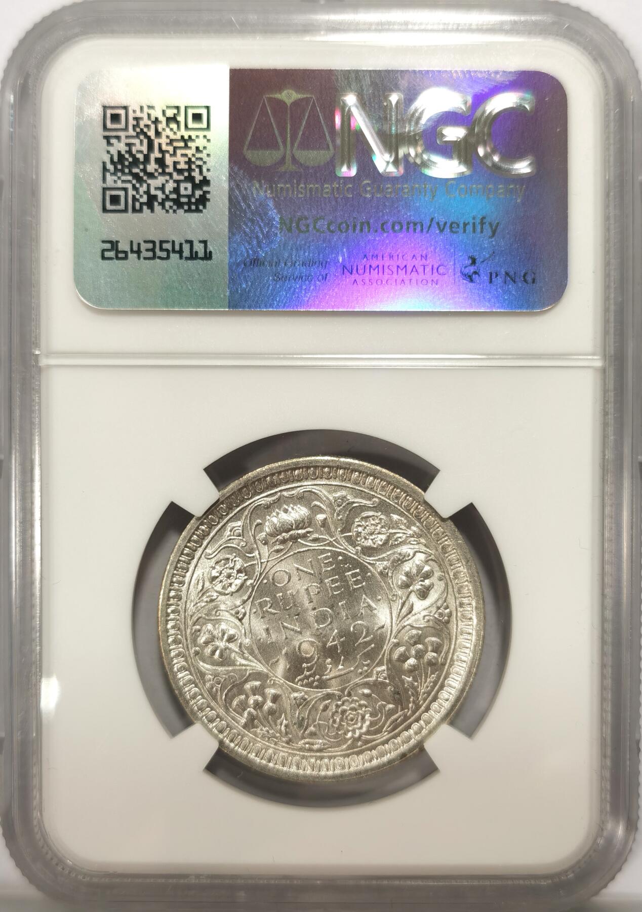 博洋堂世界钱币拍卖第104期（全场包邮） NGC MS63 英属印度1942年B版乔治六世1卢比银币，BU原卷
