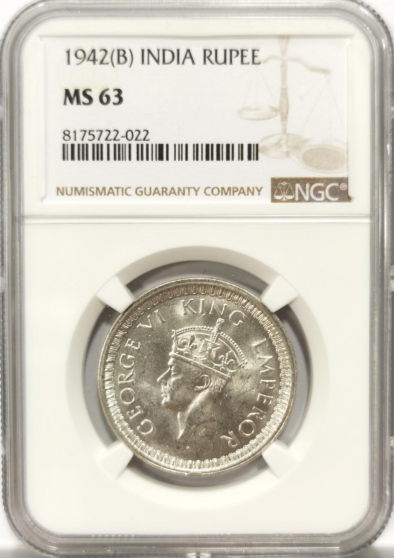 博洋堂世界钱币拍卖第104期（全场包邮） NGC MS63 英属印度1942年B版乔治六世1卢比银币，BU原卷
