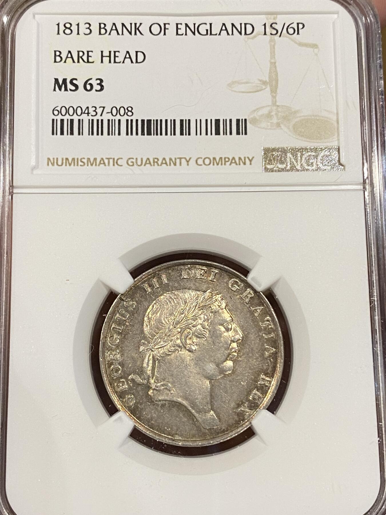 万国钱币拍卖第039期 NGC MS63 1813英国乔治三世英格兰银行1先令6便士银币 原光淡包浆。