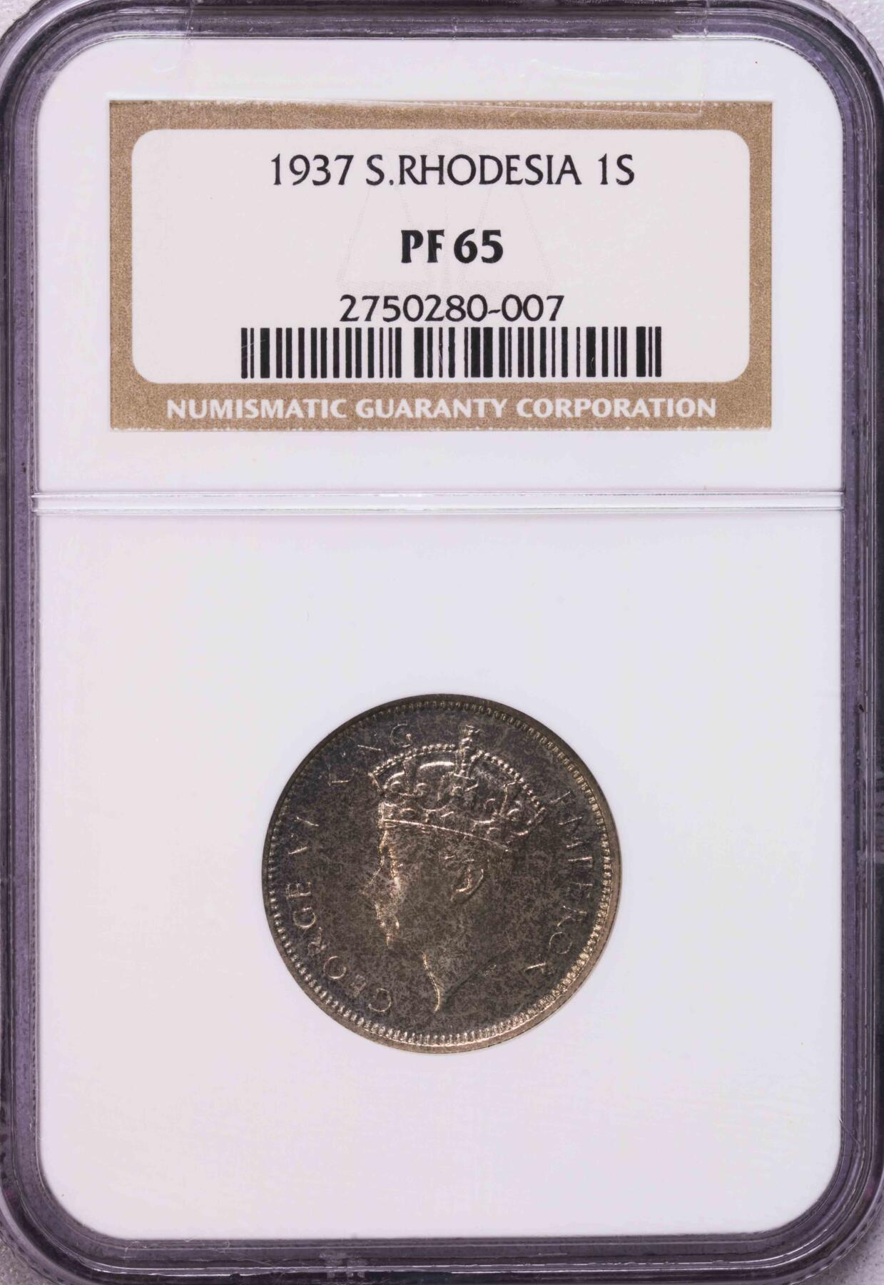 NGC-PF65 1937南罗得西亚乔六先令银币 罕见精制币