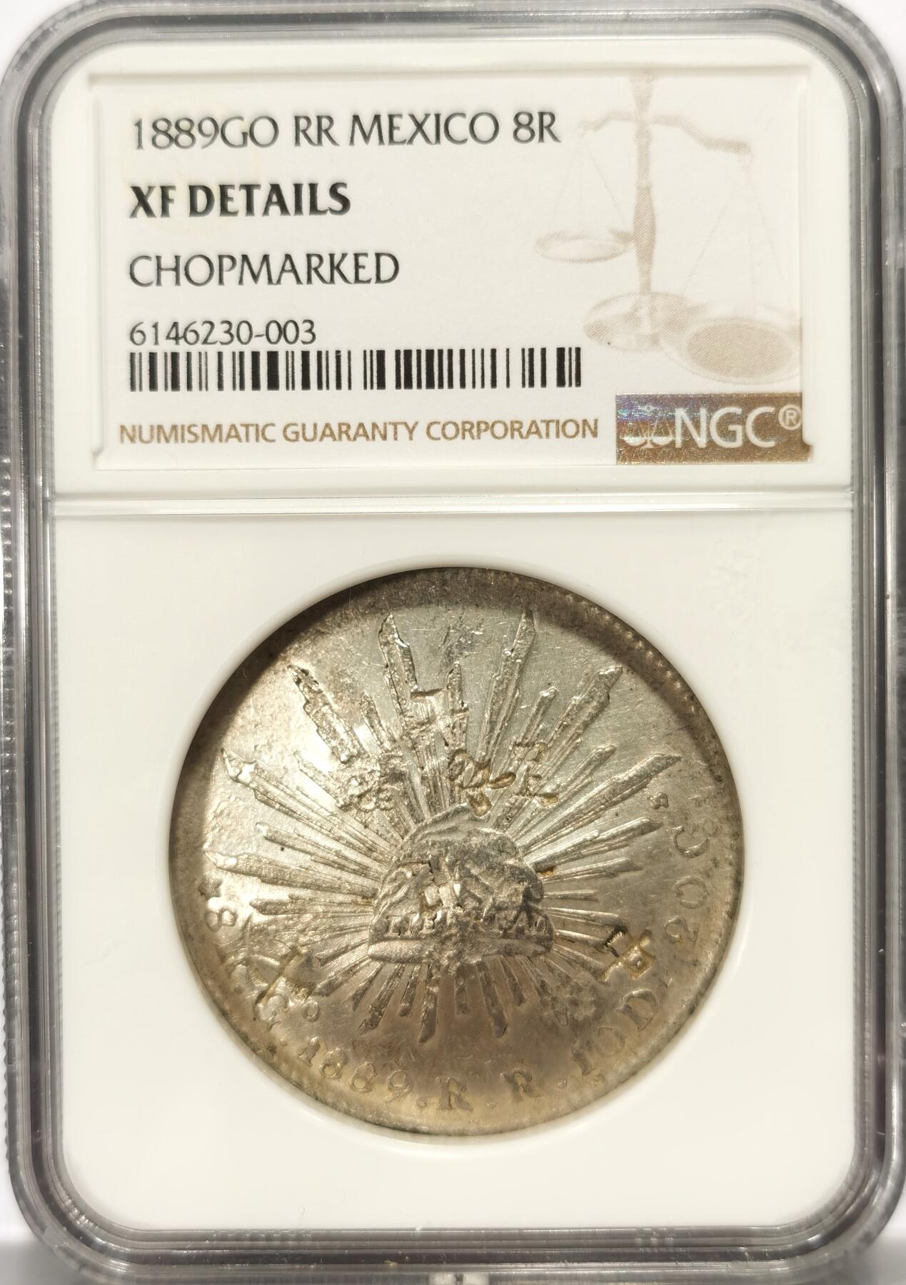 博洋堂世界钱币拍卖第104期（全场包邮） NGC XF 墨西哥1889GO RR版花边鹰洋 具有历史烙印的多个漂亮清楚戳记
